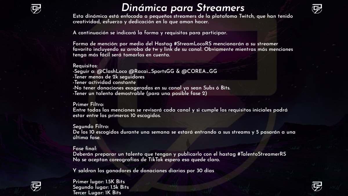 Dinámica para Streamers pequeños.

Estas son las cuentas a seguir que indica el texto.
<a href="/ClashLoco/">MR FUSION</a> 
@Racai_eSports 
<a href="/COREA_GG/">🇨🇷 🄲🄾🅁🄴🄰 🄶🄶 𓃠🛸🪐</a> 

⬇️Más detalles en la imagen⬇️

Suerte a todos y todas 😎