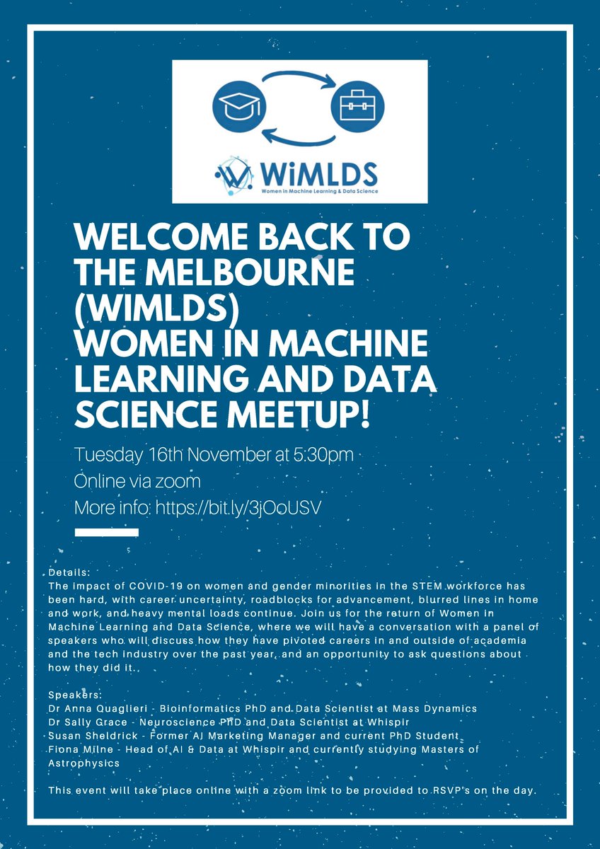 Now that we are emerging from lockdown, we are re-launching the <a href="/WiMLDS_Melb/">Melbourne WiMLDS</a> Meetups!! 🥳

Our first meetup will be about career transitions in ML &amp; AI via Zoom at 5:30pm on Tuesday 16th November feat. <a href="/sallyagrace/">Sally Grace</a> <a href="/fionascottym/">Fi Milne (she / they)</a> <a href="/susie_suzze/">Susie (She/Her)</a> &amp; <a href="/annaquagli/">Anna Quaglieri</a>: bit.ly/3jOoUSV