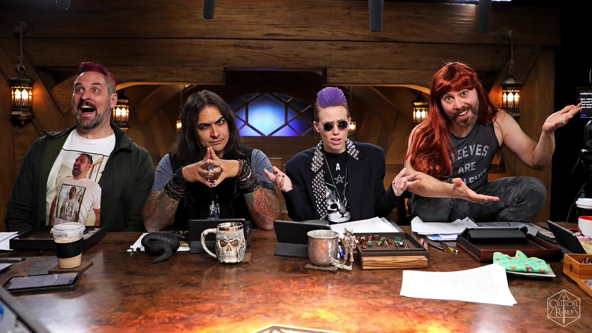 Travis dressed as Sam, Robbie dressed as Matthew, Marisha dressed as Taliesin, Sam dressed as Marisha