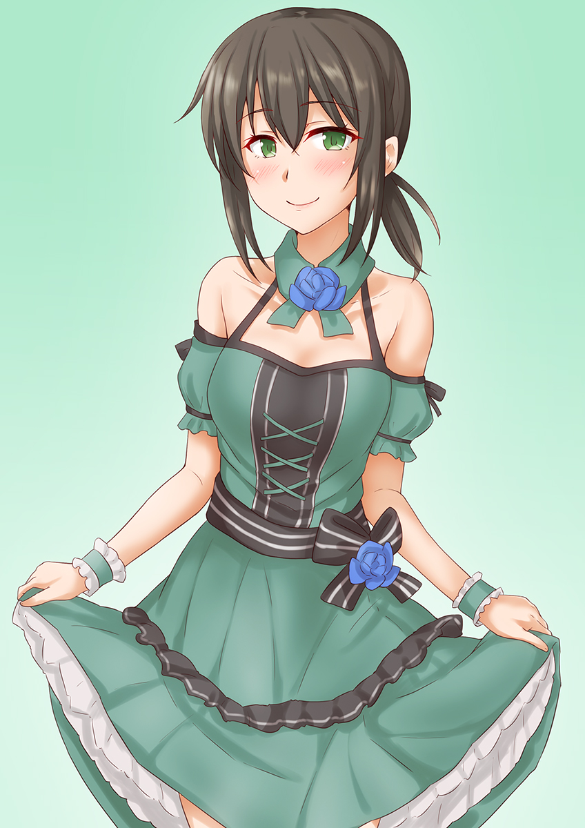 fubuki (kancolle) 1girl solo dress green eyes gradient background low ponytail gradient  illustration images