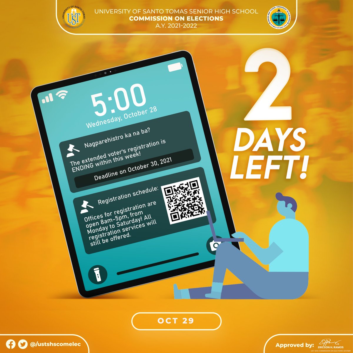 ustshscomelec's tweet photo. 🗳️Nalalapit na ang pagwawakas nang pagrerehistro.  Nakarehistro ka na ba?

Dalawang araw na lamang ang natitira upang maging ganap na botante ng Pilipinas.  Dumadaan na ang oras, ang boto mo ay susi nang pagbabago. #MagpaRehistroKa na!

(1/3) https://t.co/ouKNNg6JBp