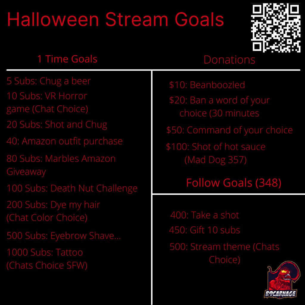 R9Carnage's tweet photo. Hey everyone on Halloween @DontletmeGhost and I are doing a Halloween costume stream! I will be going live at 5pm PST and I have set up Sub/Follow/Donation goals for the stream. If you want to come watch at all you can scan the QR code or click the link in my bio! https://t.co/0SJxn5NQ5p