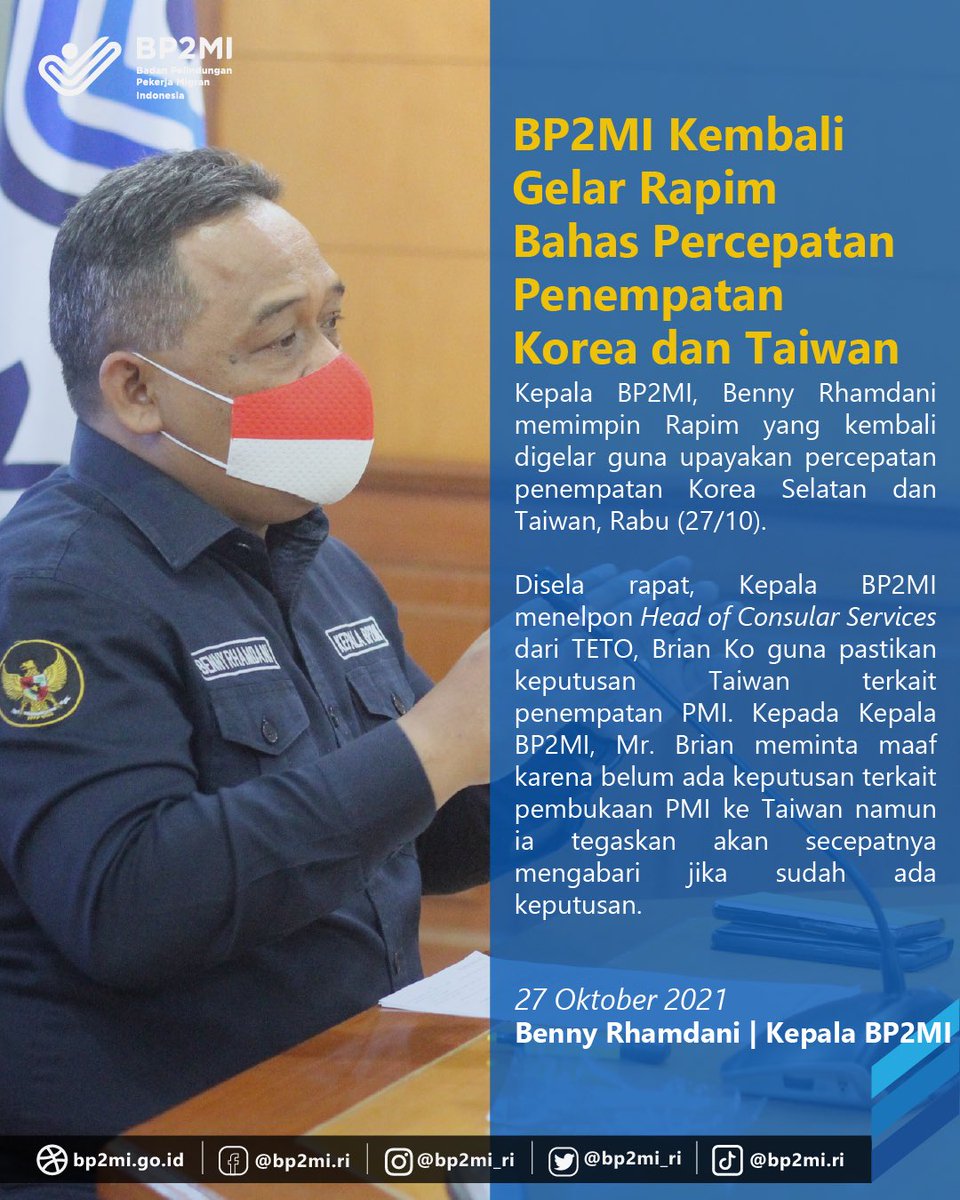 kemenp2mi's tweet photo. Dalam Rapat Pimpinan, Kepala BP2MI serius upayakan percepatan penempatan Korea Selatan dan Taiwan. Kepala BP2MI terus evaluasi terkait hal yang sudah dan akan dilakukan BP2MI guna mempercepat penempatan pada Korea Selatan dan Taiwan.
#BP2MI #PekerjaMigranIndonesia #JumatBerkah https://t.co/t6dTwYjR5C