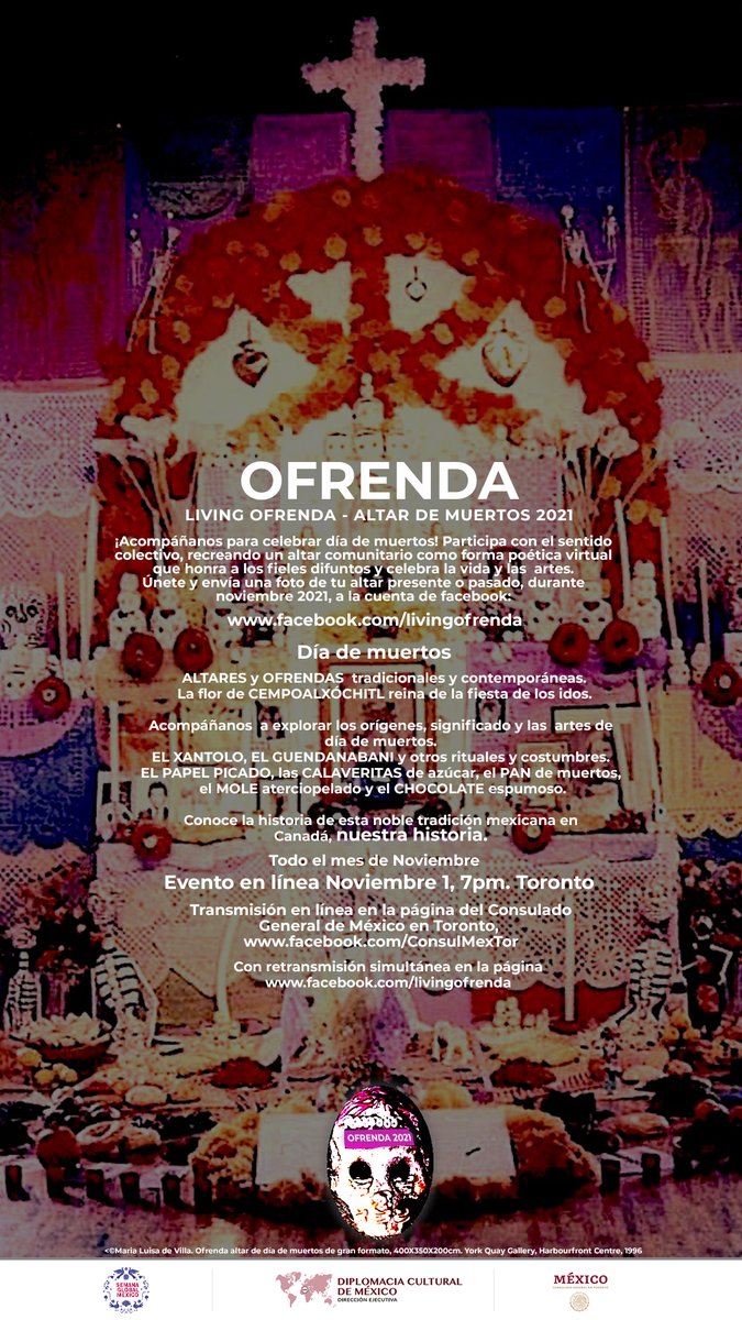 ConsulMexTor's tweet photo. Para celebrar las festividades del Día de Muertos, participa en un conversatorio el lunes 1 de noviembre a través de nuestro portal Facebook @ConsulMexTor y acompáñanos todo el mes en la recreación de un altar comunitario virtual bajo la batuta de Maria Luisa de Villa https://t.co/2DjYVxBiho