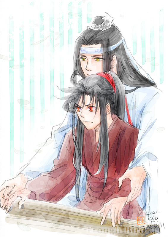 2boys multiple boys hanfu black hair chinese clothes headband long hair  illustration images