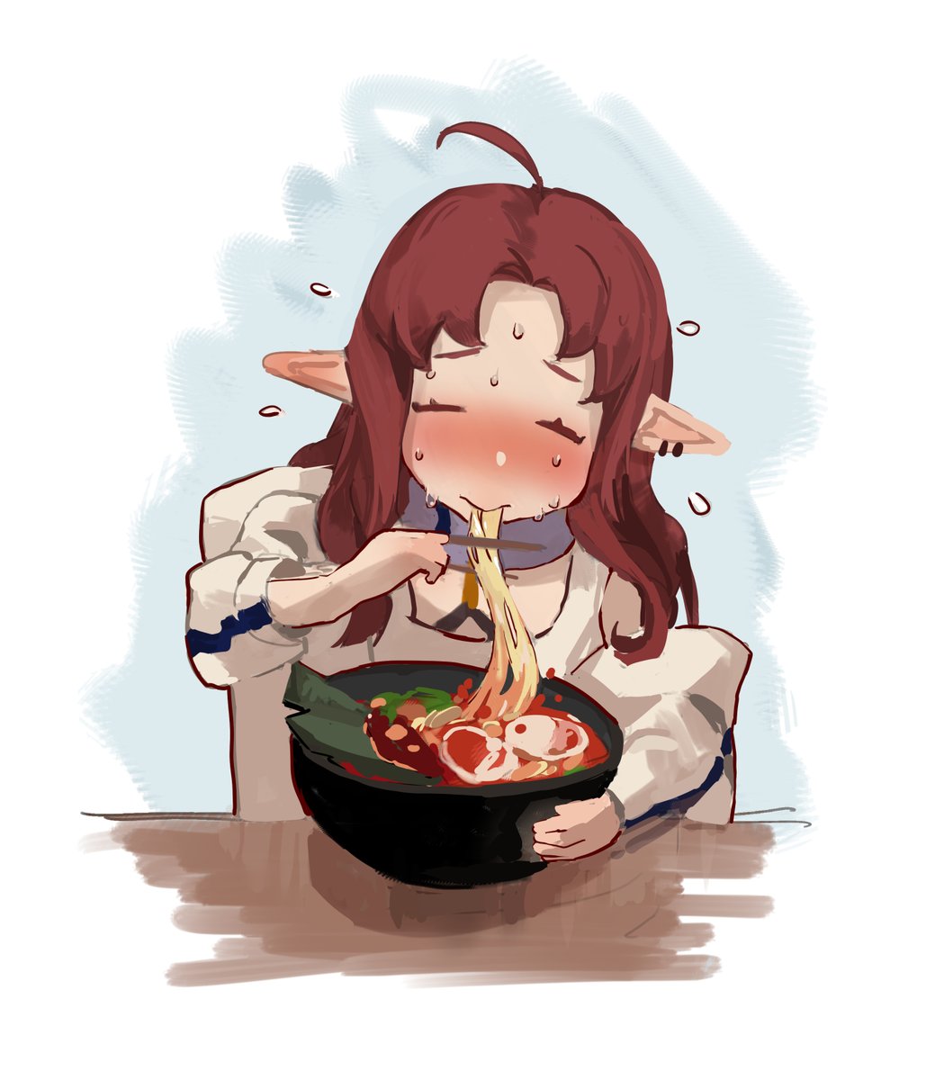 1girl food solo pointy ears ahoge eating closed eyes  illustration images