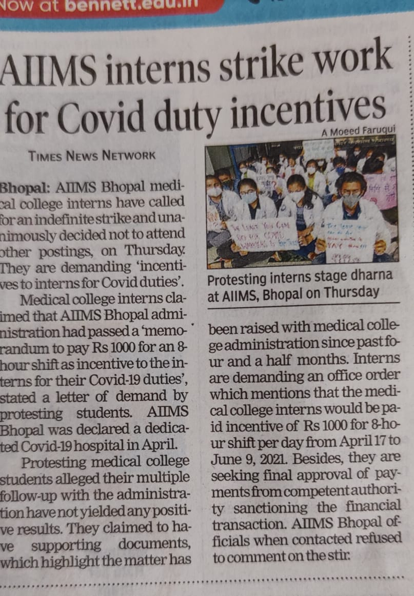 internsaiimsbpl's tweet photo. Interns,  AIIMS Bhopal voices are being raised by Fourth Pillar of India's Democracy
@timesofindia
@etv @ZeeNewsEnglish
@DBhaskarHindi @_Aaj_Tak
@DainikBharat @ndtv @MoHFW_INDIA @AIIMSBhopal
#aiimsinternonstrike
#nocompetentauthority https://t.co/i4aCyh24SG