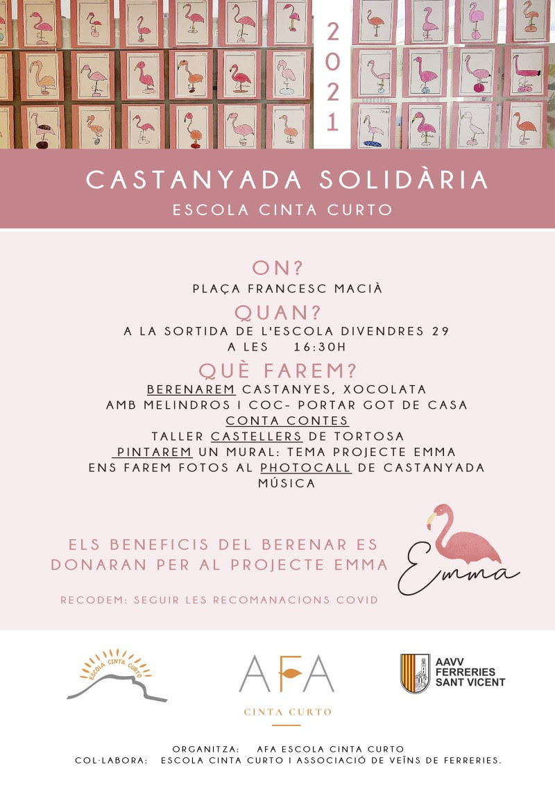 <a href="/AVFerreries/">Associació de veïns Ferreries-Sant Vicent</a> us animem a participar aquesta tarda a la Castanyada Solidària, on col·laborem en l'AFA de l'Escola Cinta Curto. Trobareu xocolata, castanyes, castellers i d'altres activitats a benefici de <a href="/ProjecteEmma/">ProjecteEMMA</a> #Ferreries #Tortosa #FERreriesMésBarri