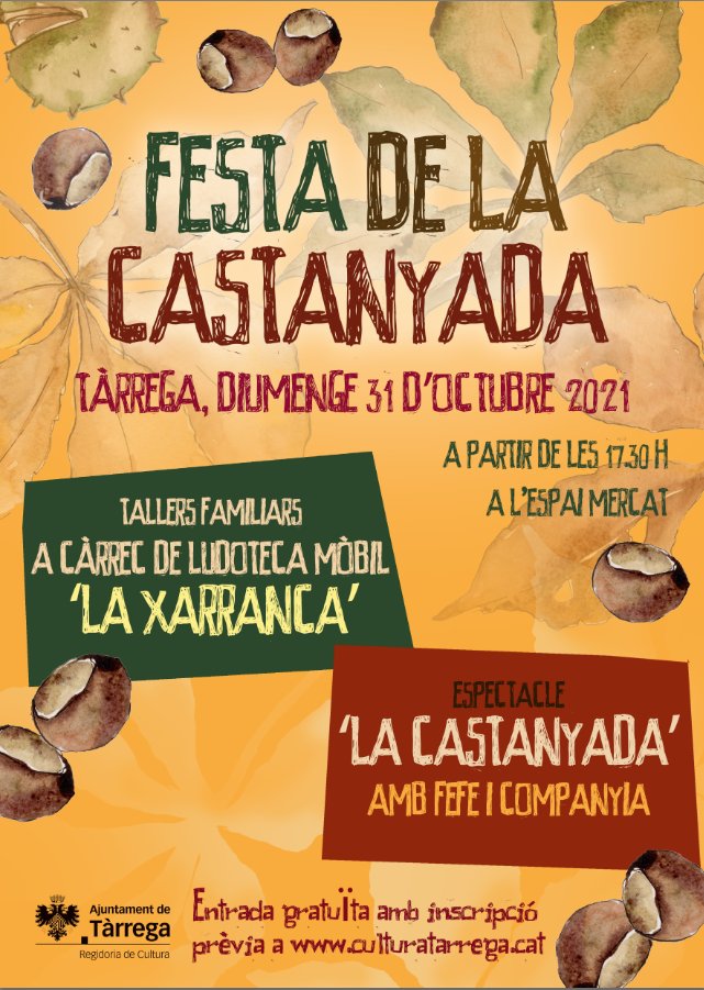 Doble proposta familiar aquest cap de setmana a #Tàrrega:
> Dissabte 30/10 • 18h • Correllengua: Espectacle 'La gran festa' <a href="/efsproduccions/">Els Salats (Encara Farem Salat) 🎗</a>
> Diumenge 31/10 • 17.30h • Castanyada: Tallers La Xarranca Ludoteca Mòbil i animació <a href="/fefeicompanyia/">fefe i companyia</a>
Info: culturatarrega.cat