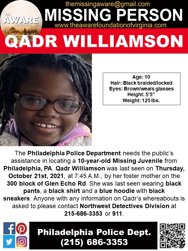 aware_the's tweet photo. ***MISSING JUVENILE*** The Philadelphia Police Department needs the public’s assistance in locating a 10-year-old Missing Juvenile from Philadelphia, PA. Qadr Williamson was last seen on Thursday, October 21st, 2021, at 7:45 A.M., by her foster mother. https://t.co/e9Vf6WBU1E