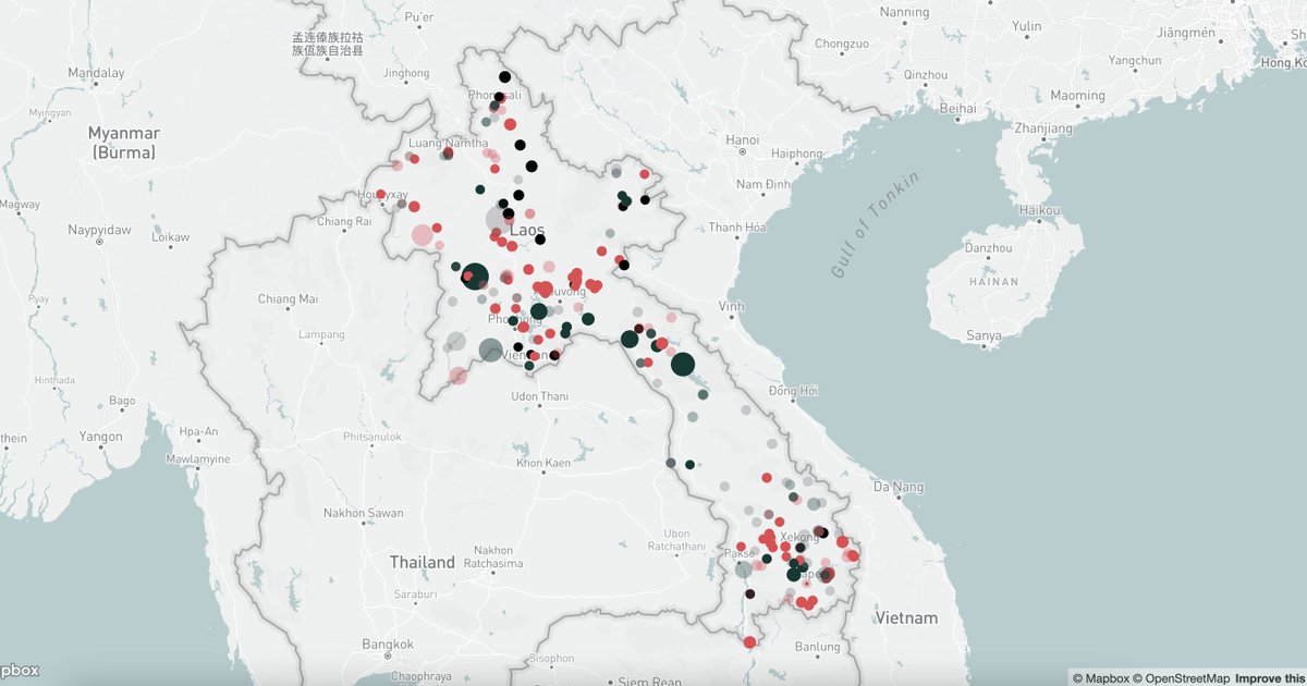 A map of hypdropower dams in Laos -- I made this thing for the first week #maptober challenge using a dataset from <a href="/StimsonCenter/">Stimson Center</a>'s Mekong Infrastructure Tracker. <a href="/Mapbox/">Mapbox</a> #hydropower #mekongriver