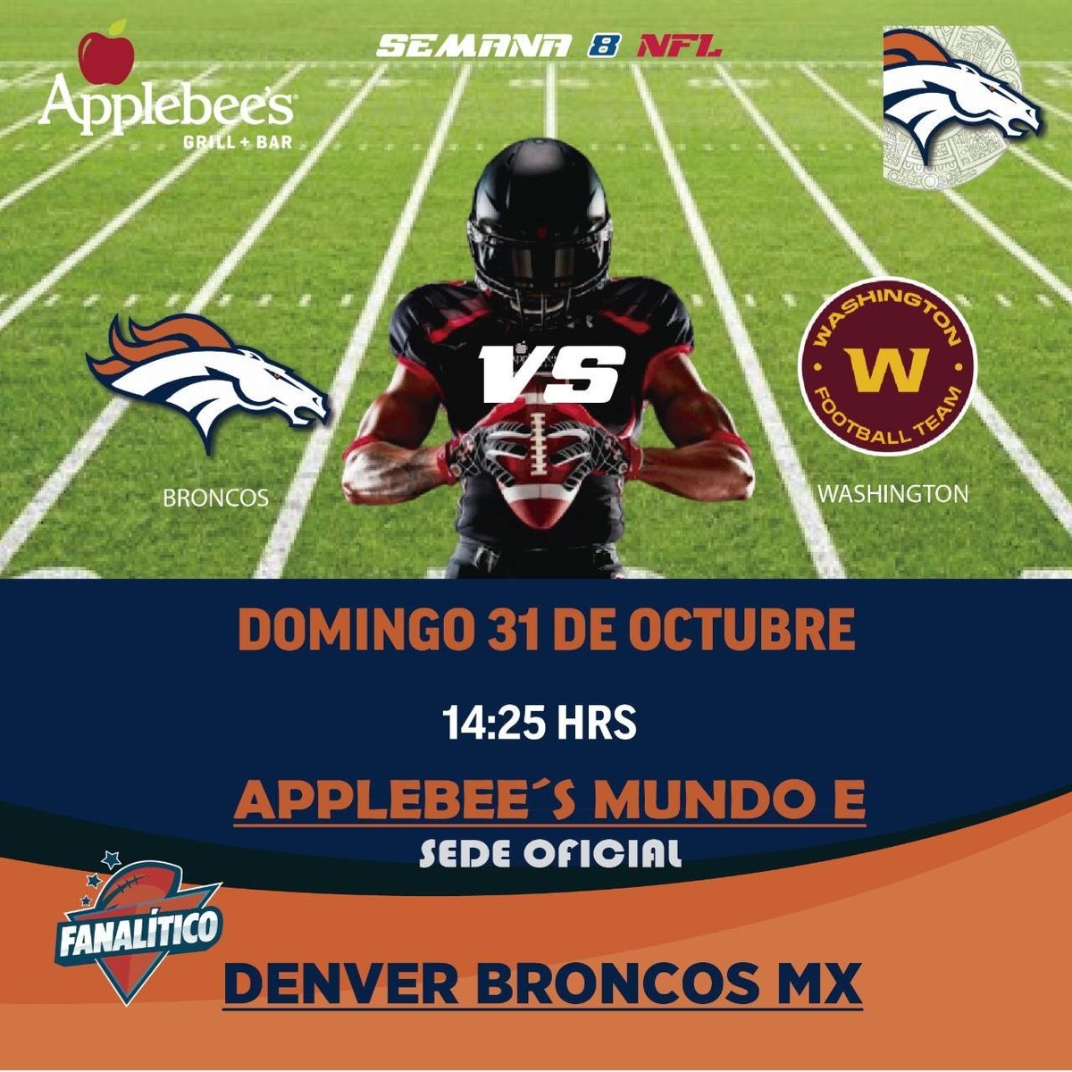 ROcktMechanic's tweet photo. #BroncosCountry MX 🇲🇽🏈 
Los esperamos este Domingo 31Oct  l 14.30 Hrs en #Applebees Mundo E
Go @Broncos !!! #BeatTheWFT!!!
Patrocinado por @FanaliticoNFL  @Applebeesmx https://t.co/OUyKDqu6Ke
