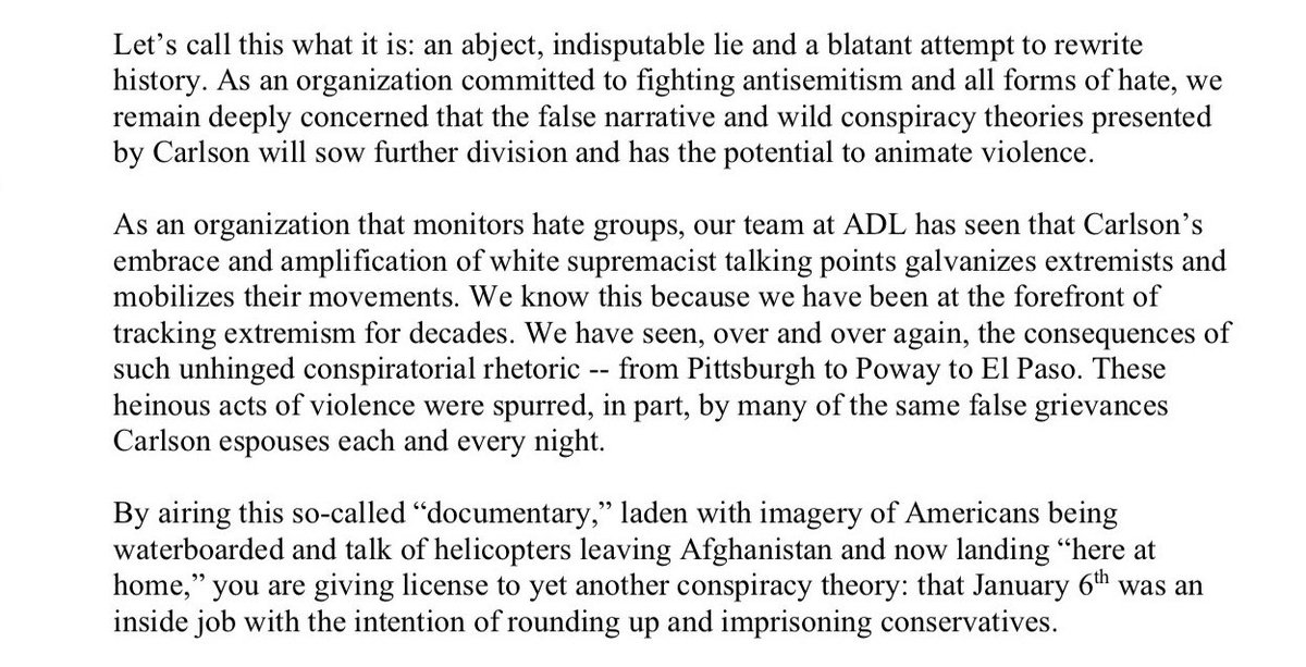 Anti-Defamation League head <a href="/JGreenblattADL/">Jonathan Greenblatt</a> writes to Fox CEO Lachlan Murdoch about Tucker Carlson: