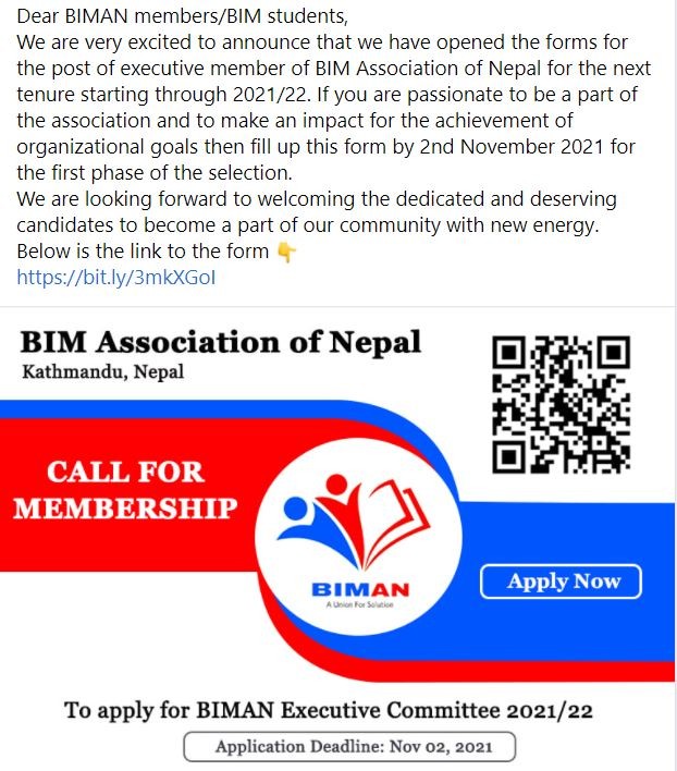 biman_org_np's tweet photo. Call for Membership
Apply Now:https://t.co/D9gFmNda4n #BIMAN https://t.co/iLbrSpwgn2