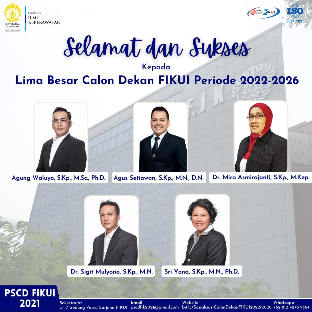 Selamat dan sukses kepada lima besar calon Dekan FIKUI Periode 2022-2026

#KeperawatanUi
#NursingUi
#FikUi
#FonUi