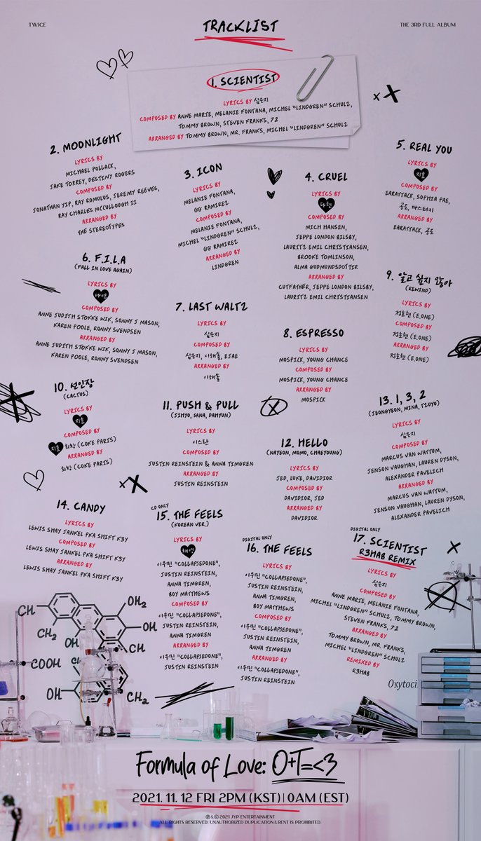 Image for TWICE 3rd Full Album "Formula of Love: OT=<3" Tracklist Title - 'SCIENTIST' Release on 2021.11.12 FRI 2PM (KST), 0AM (EST) 📌"Formula of Love: OT=<3" Pre-save