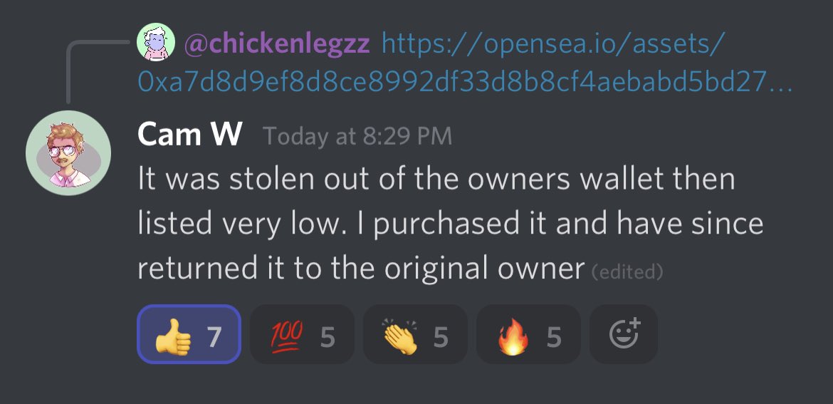 philmohun's tweet photo. Amazing show of community in the @brtmoments server tonight.

One of our @cryptonewyork holders was compromised and his NFT was stolen and listed.

Another community member bought it and returned it. 

A story in four pictures👇 https://t.co/hdG4tRyMsE