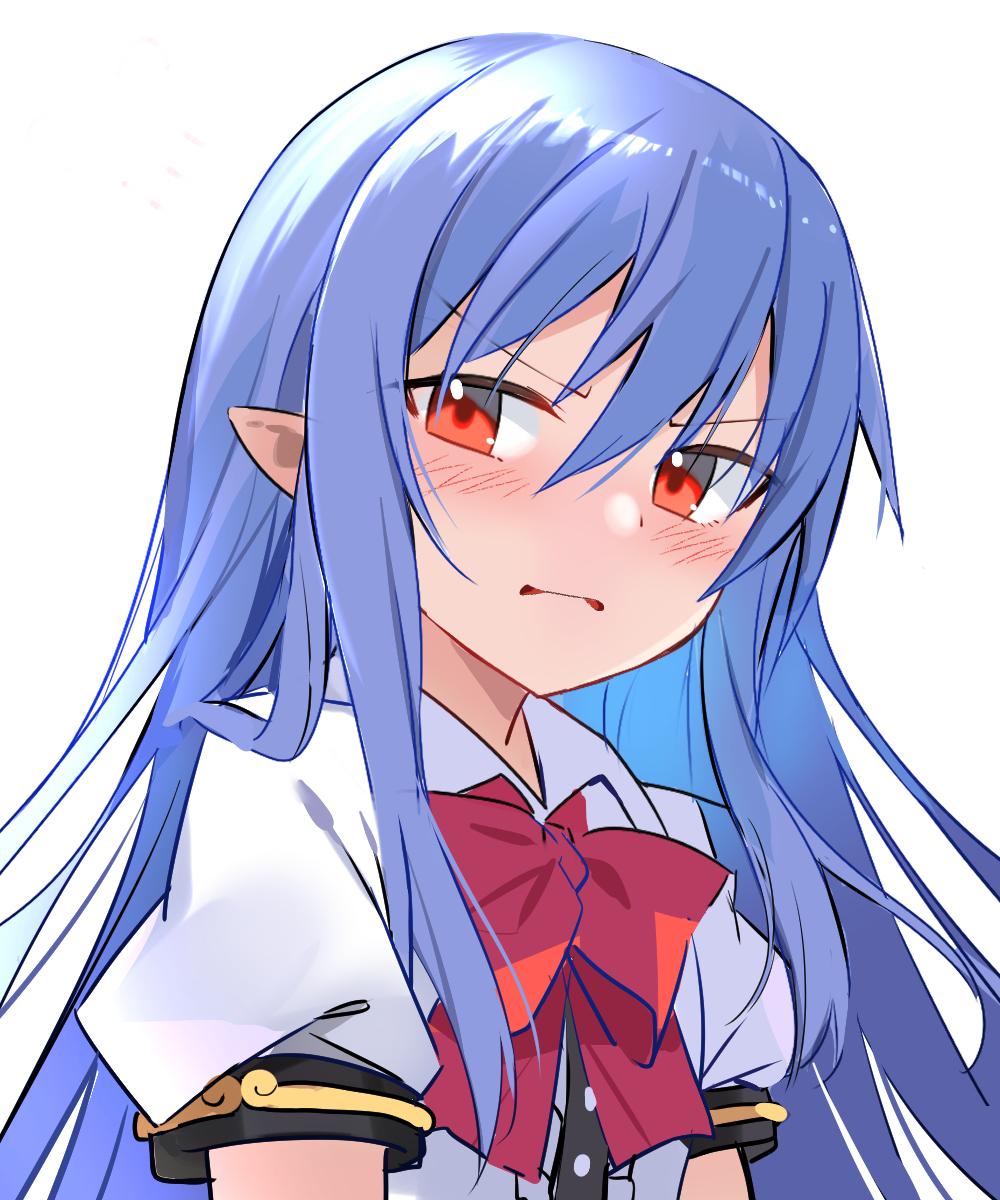 hinanawi tenshi 1girl solo long hair blue hair red eyes bow white background  illustration images