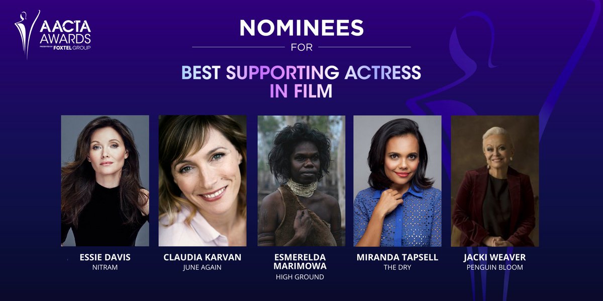 AACTA's tweet photo. Your nominees for Best Supporting Actress in Film are Essie Davis - #Nitram, Claudia Karvan - #JuneAgain, Esmerelda Marimowa - #HighGround, Miranda Tapsell - #TheDry & Jacki Weaver - #PenguinBloom 👏 https://t.co/RyAaYEcdNZ