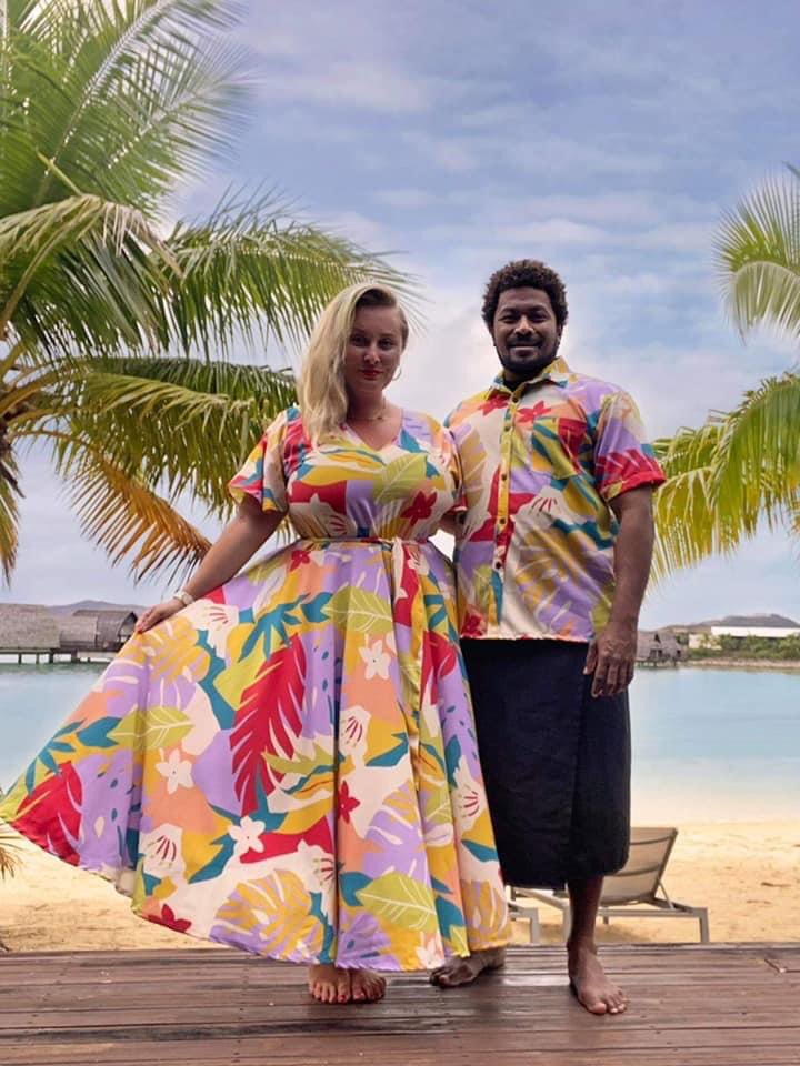 samsonleefiji's tweet photo. #SLFijiSpotted in our #Ramase print is the gorgeous Lily Vallance and husband #SLKalavata #SLFijiKalavata #Fijifashion #PacificFashion #FijiStyle #TeamFiji https://t.co/K7Mr4vAPtl