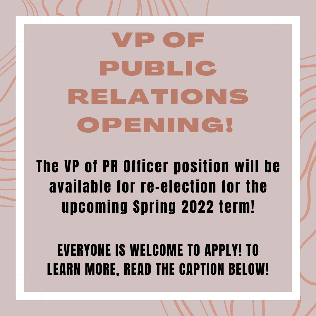HELLO EVERYONE HELLO EVERYONE! If you attended our last SHRM meeting, you might have heard that the position of VP of PR will be opening for re-election for the next Spring term! Check out our Instagram @techshrm for more information about the application process!