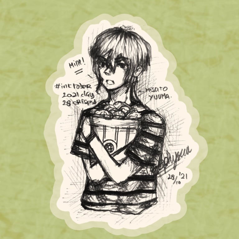 delphysca's tweet photo. π Inktober_28 : crispy π
.
One day Yuuma bought a bucket of crispy fried chicken and when his friends suddenly came for a visit. His friend's eye just looks at the bucket of chicken he just got. And so. Yuuma : MINE!! Ω©(β¬ΰ° ΰΌ¬ΰ° )Ω
.
#inktober2021day28 #delphyscaa #ArtistOnTwitter https://t.co/qD3yCQRXSW