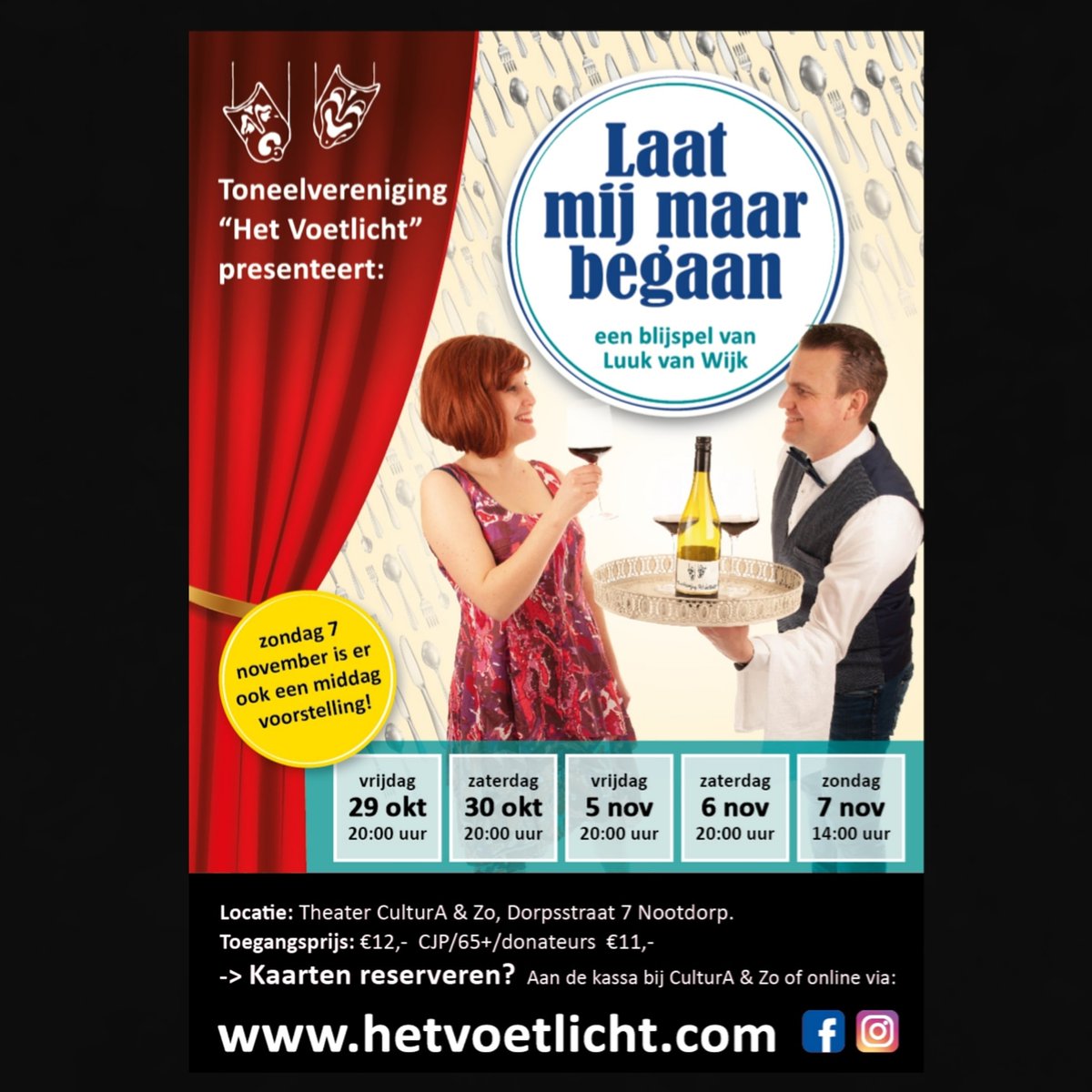 Bent u al klaar om weer eens een leuke avond uit te gaan? Bent u er klaar voor om uw tranen van het lachen over de wangen te laten rollen?Vanavond is de eerste voorstelling,heeft u al kaartjes? 
Zo niet er zijn nog een paar kaarsjes te koop?Zien we u vanavond in @cultura_en_zo ?