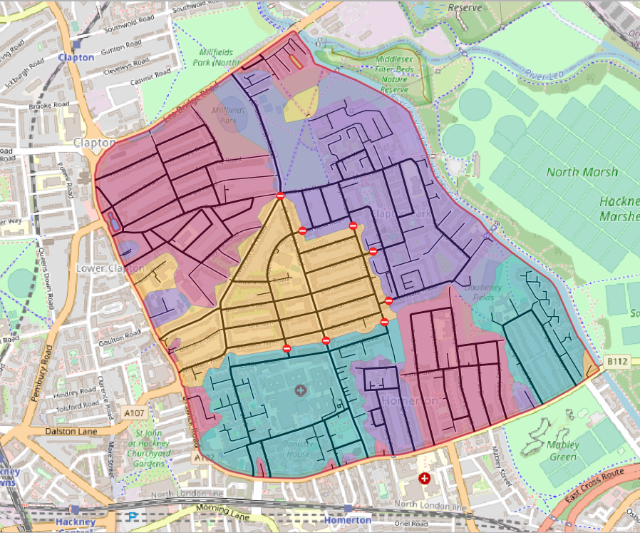I built an #LTN design tool in #QGIS. It lets you pick an area, analyse its roads, generate traffic cells, then start dropping in filters to see the effect it has on traffic movement. It's based on Open Street Map data. Any requests?