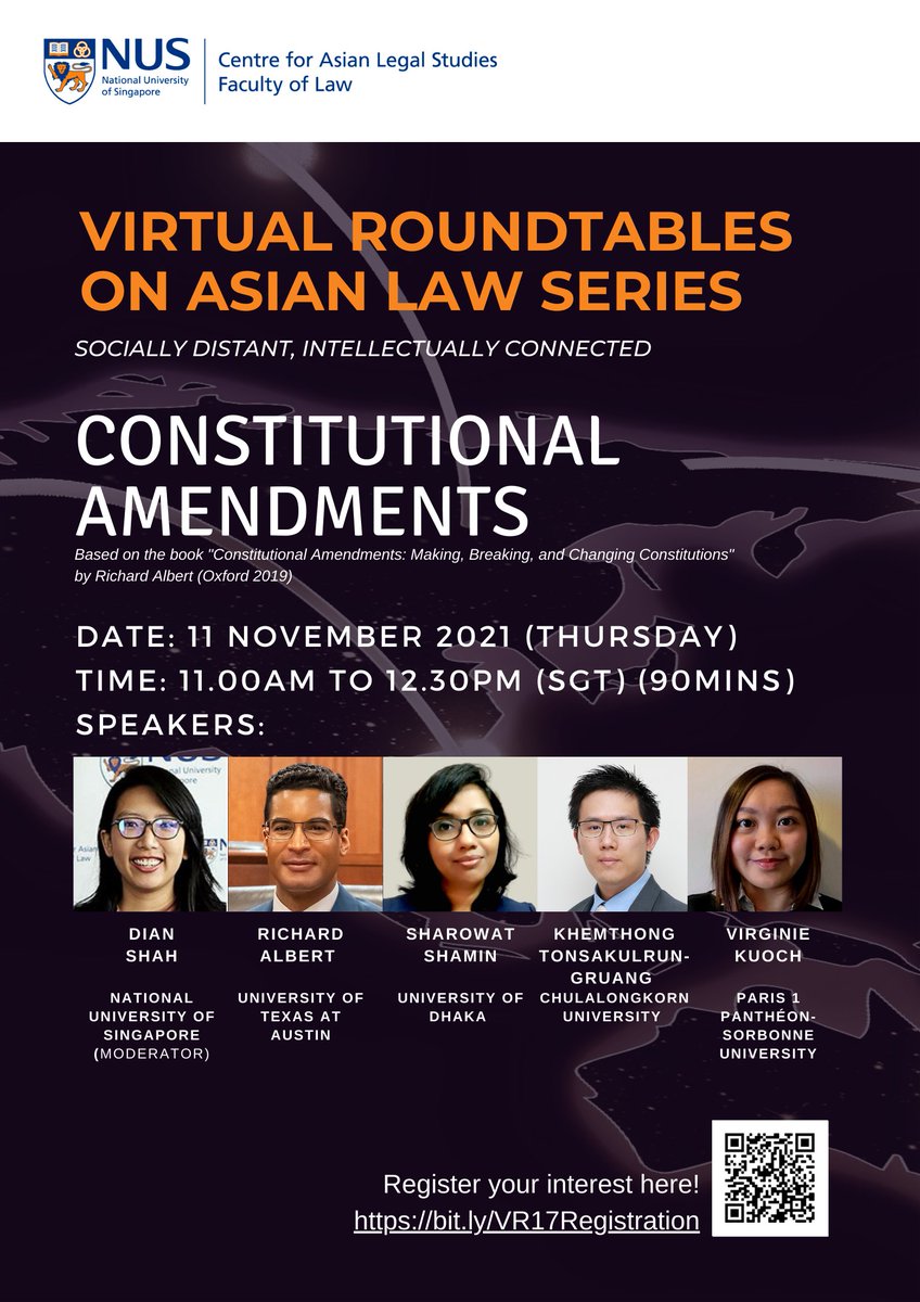 CALS_NUS's tweet image. Join us for Virtual Roundtable #17 “Constitutional Amendments”!
Date/Time: 11 Nov 2021, 11AM (SGT)

Register: bit.ly/VR17Registrati…
Get the Book: bit.ly/3b52vvN

#virtualroundtables #asianlaw #constitutionalamendments #calsnus #asianlegalstudies