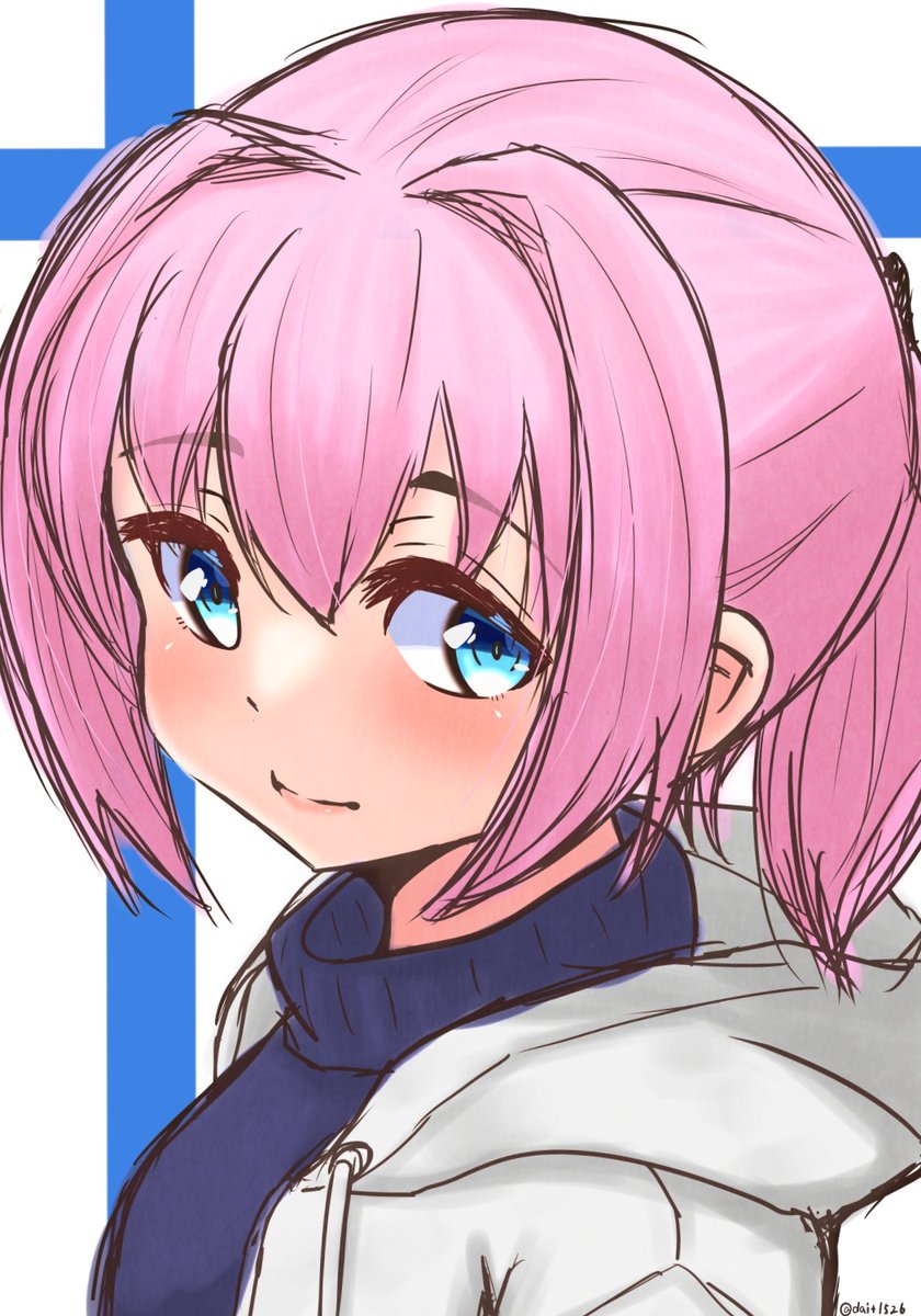 shiranui (kancolle) 1girl solo pink hair sweater blue eyes hood ponytail  illustration images