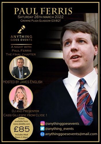 jamesenglish0's tweet photo. RT to be in for a chance to win 2 VIP tickets for one night only with untold stories from the wee man @PaulFerris_Gla 

@anything_events 

Or you can purchase tickets here https://t.co/wK83hwhvPU https://t.co/gpxRhIjrOO