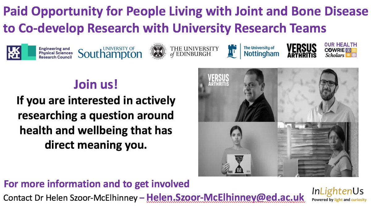 EPSRC InLightenUs (@inlightenus) on Twitter photo Great news!📢📢
<a href="/EPSRC/">Engineering and Physical Sciences Research Council</a> Our Health have partnered with <a href="/VersusArthritis/">Versus Arthritis</a> to bringing together a community-based research team to co-develop exciting questions around health and well being.
Find out more and get involved➡️edin.ac/2XWLlhd @NCCPE <a href="/scotpenetwork/">Scottish Public Engagement Network - ScotPEN</a> <a href="/WeAreARMA/">ARMA</a> Great news!📢📢
<a href="/EPSRC/">Engineering and Physical Sciences Research Council</a> Our Health have partnered with <a href="/VersusArthritis/">Versus Arthritis</a> to bringing together a community-based research team to co-develop exciting questions around health and well being.
Find out more and get involved➡️edin.ac/2XWLlhd @NCCPE <a href="/scotpenetwork/">Scottish Public Engagement Network - ScotPEN</a> <a href="/WeAreARMA/">ARMA</a>