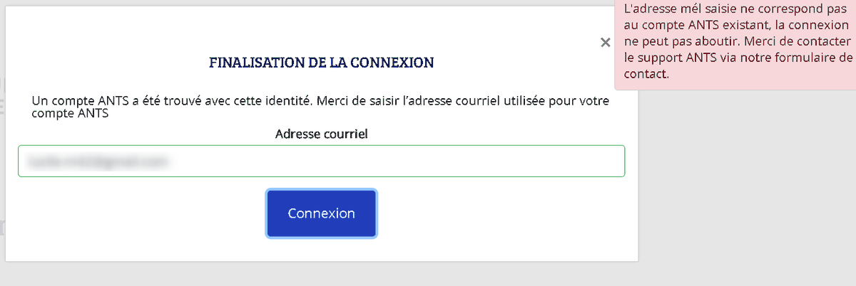 MartinLucile3's tweet photo. Bonjour @ANTSdirect 
suis-je la seule à rester bloquée par cette fichue fenêtre lorsque je souhaite utiliser France Connect pour faire ma pré-demande de CNI ? Quelques semaines plus tôt, je n'avais aucun problème...🙄 https://t.co/Zby5G8v6j7