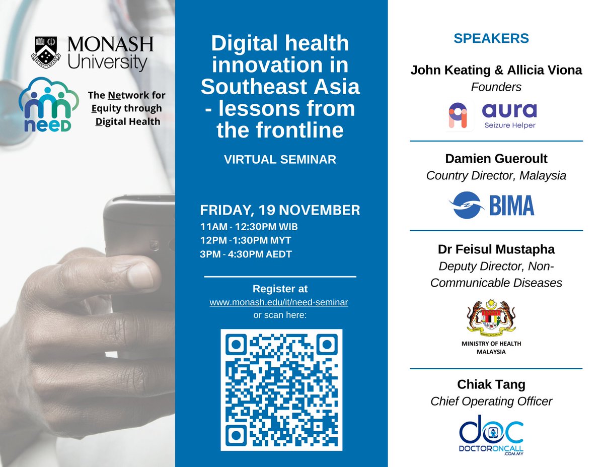 Please join us for our upcoming seminar to learn from #DigitalHealth practitioners in SE Asia. Register here: monash.edu/it/need-seminar