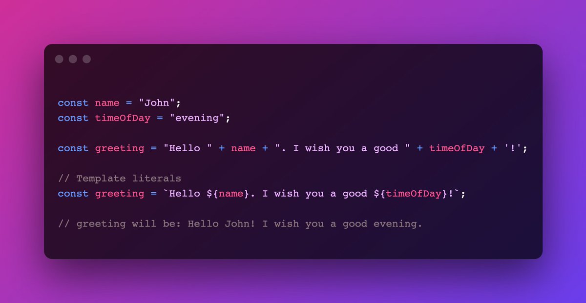 csaba_kissi's tweet image. 💡 JavaScript Tip
Use template literals instead of the standard string concatenation.
