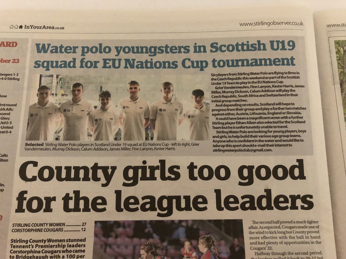Today’s Stirling Observer includes an article on  the six Stirling players selected for the Scottish Under 19 Team who are in the Czech Republic this weekend for the EU Nations Cup
