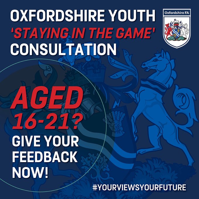 OxfordshireFA's tweet photo. HAVE YOUR SAY | 📣 We are looking for ANYONE involved in 16-21 year-old football in Oxfordshire to provide us with feedback!

We are offering TWO Nike Vouchers to TWO lucky winners who take part in this short survey! 🎉

📱Details https://t.co/Q2bIpzIIVI

@OYFLeague #grassroots https://t.co/f6IRJQ2Gwm