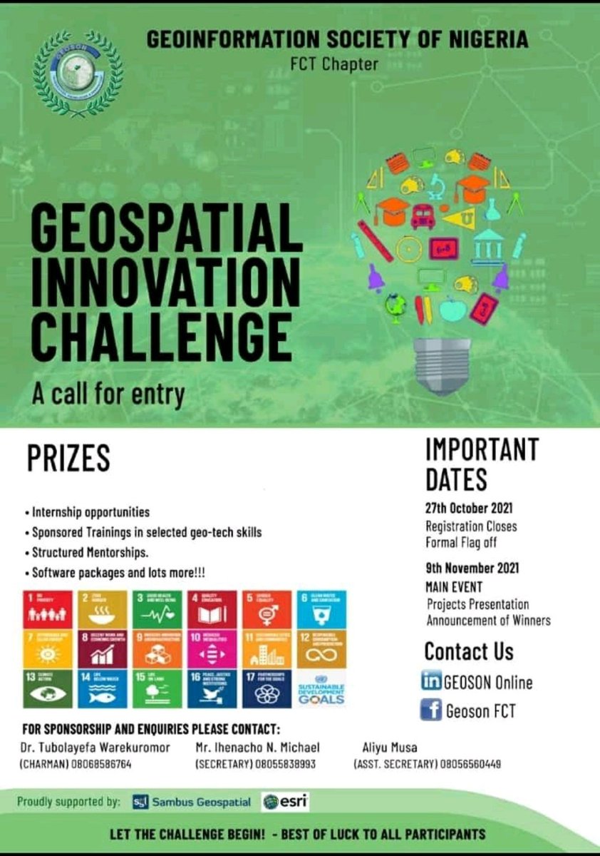 DrTubo's tweet photo. Final day to submit entries.
Goodluck๐๐๐
Shout out to our partners @SambusNigeria @AfricaGeoPortal
National Space Research and Development Agency @geoson_ng
President @olumighty47 @Geoson_FCT stakeholders
#gischat
#GISDay
#GEOSON
#GeospatialInnovationChallenge
#innovation https://t.co/7nIPKSce95