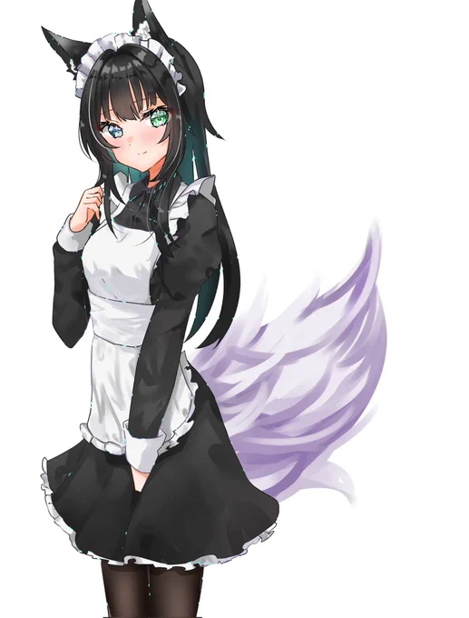 おっとりロング黒タイツ、メイド服、狐耳しっぽ(ギザ歯)の女の子#イラスト 