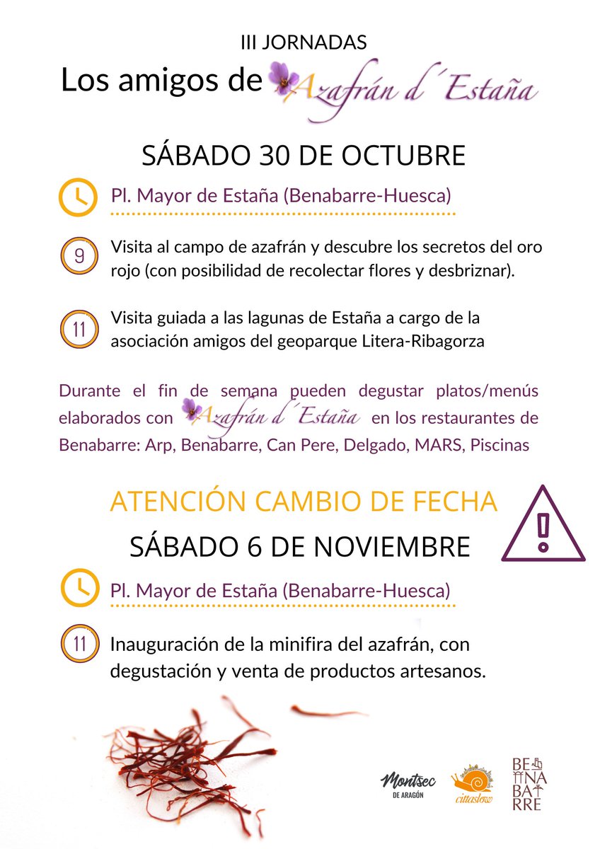 Benabarre_info's tweet photo. 📆 ATENCIÓN!!☔️ Debido a la predicción de lluvia la fira de productos agroalimentarios de #Azafrán d'Estaña que estaba programada para el sábado se traslada al próximo fin de semana, será el 6 NOV a partir de las 11h El resto de actividades se mantiene como estaba previsto. https://t.co/Io9GUv16yK
