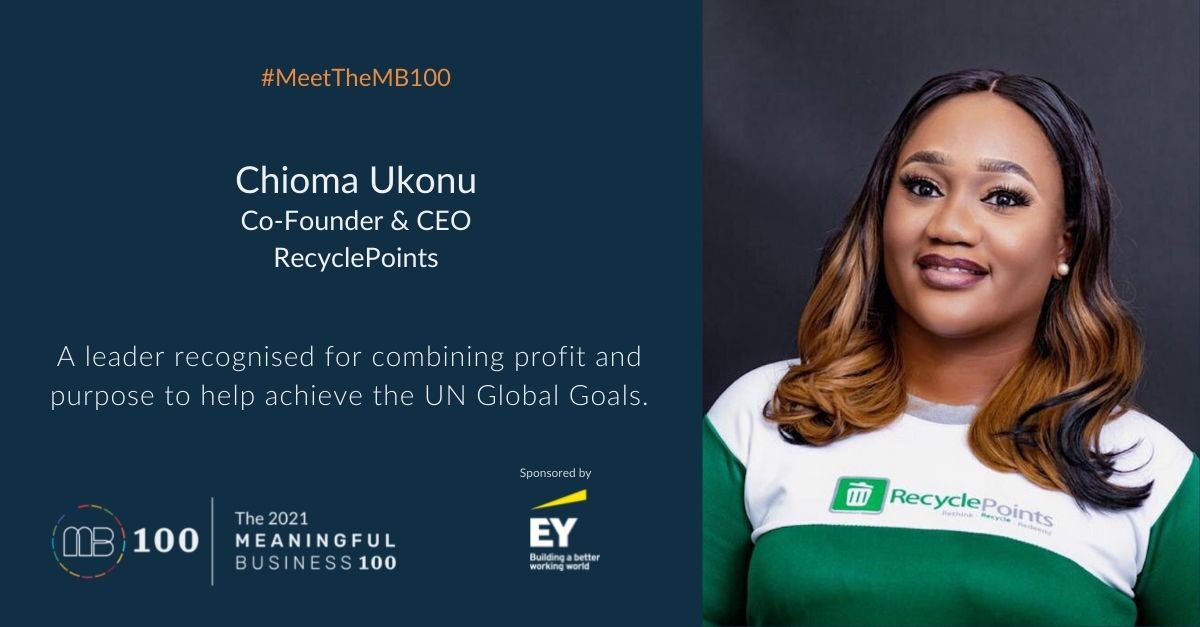 ChiomaUkonu's tweet photo. Delighted to be recognised as one of this year’s #MB100 for my work @RecyclePointsNG an award celebrating leaders combining profit and purpose to help achieve the @UN #GlobalGoals.
View the 2021 winners: https://t.co/z2hfgL1LP6
Led by @MB_Community,
#recyclepoints
#MeetTheMB100 https://t.co/Nwm2iTRHJe