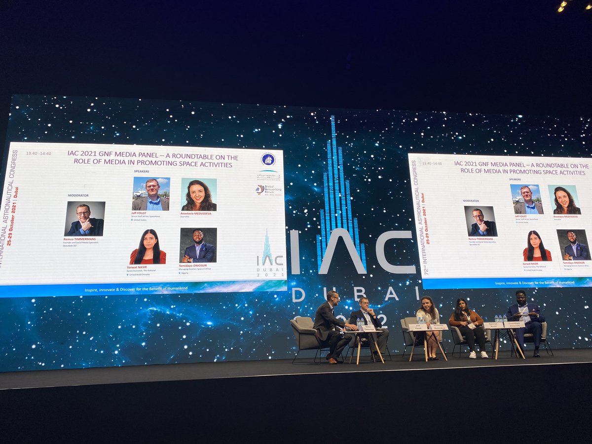 Absolutely amazing panel on #iac2021 on the role of the media in promoting space activities run by @timmermansr with media on the stage:  @jeff_foust, Anastasia Medvedeva, @sarwatnasir and @temidayooniosun.