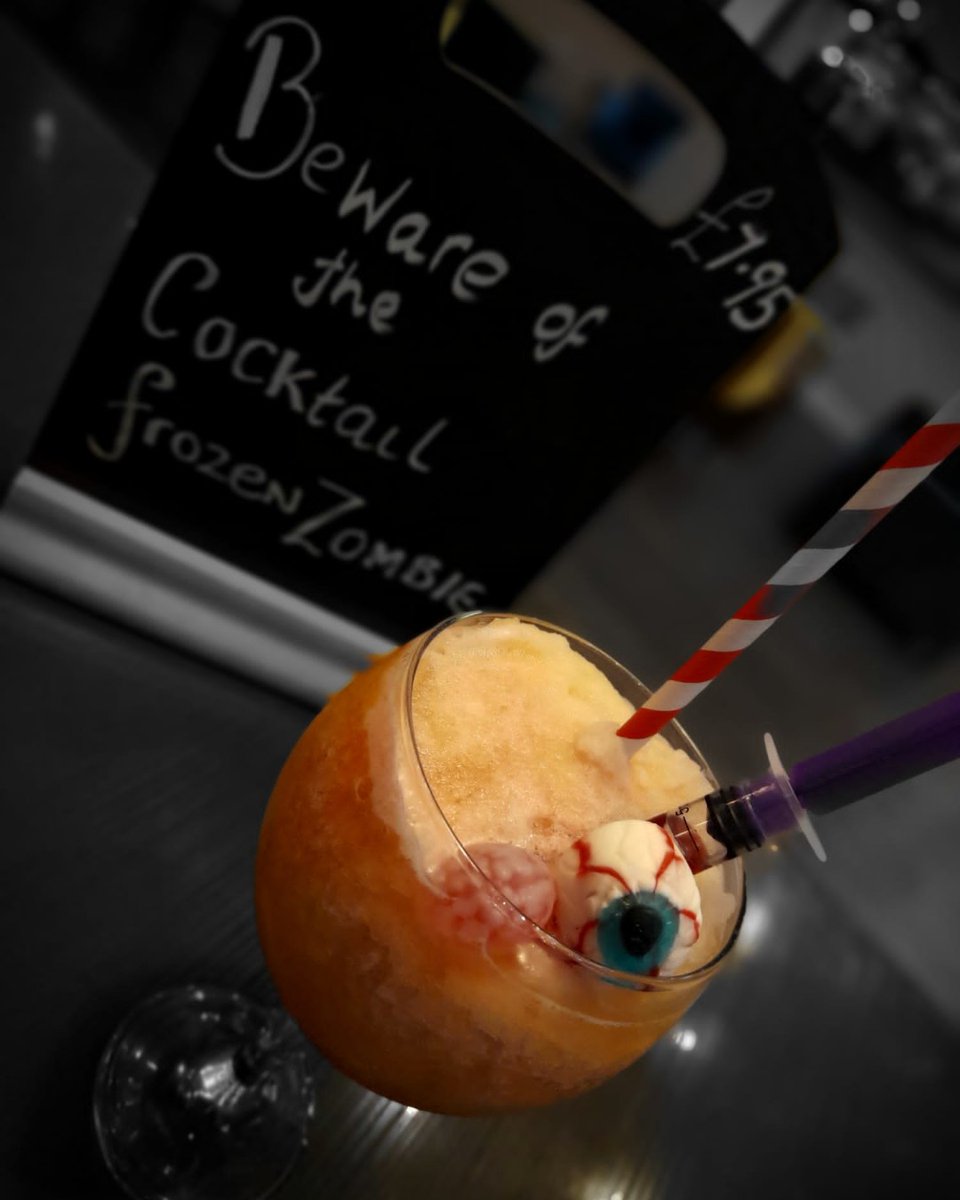 PavilionClacton's tweet photo. Pop down to Armstrong's this weekend if you dare and try out our limited edition Halloween cocktail – the 'Frozen Zombie' is a creepy concoction of spiced rum, dark rum, pineapple juice, sweet 'n' sour mix and a grenadine filled syringe for you to enjoy injecting yourself... https://t.co/niNhFAyhHw