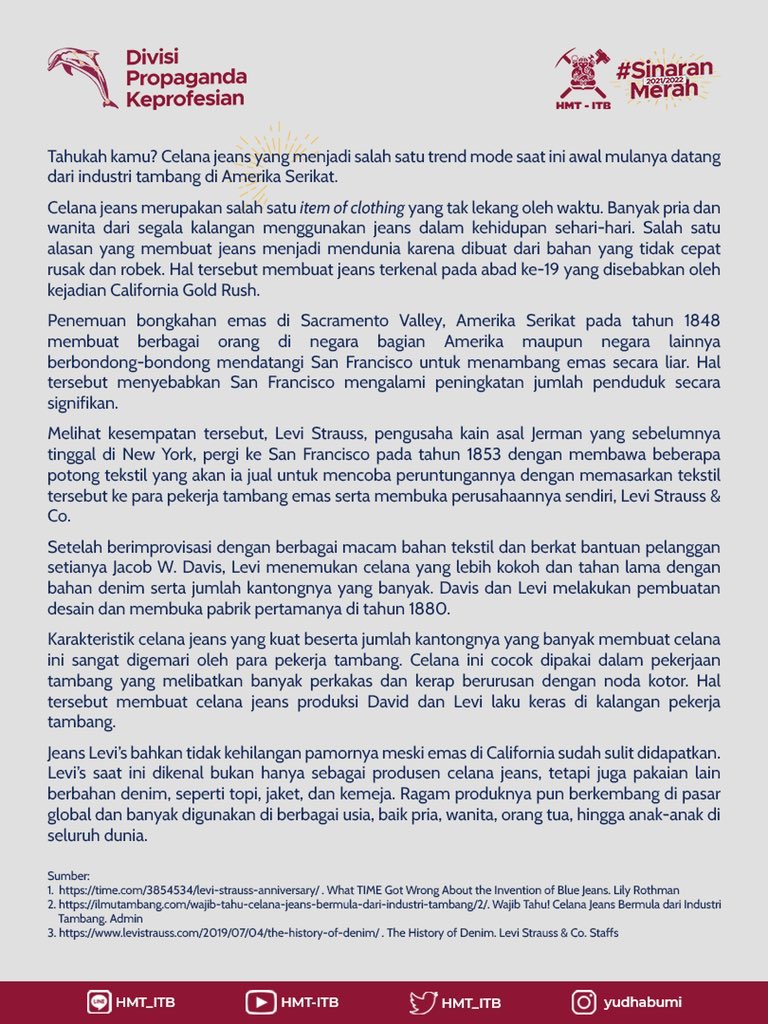 HMT_ITB's tweet photo. [Para Pecinta Denim Harus Tahu! Celana Jeans Ada Hubungannya Dengan Industri Tambang Loh]

Berawal dari peristiwa The California Gold Rush, hingga munculnya Levi Strauss &amp; Co. wajib untuk disimak!

Selengkapnya, ada di Mining Fact berikut

#MiningFact
#DivisiPropagandaKeprofesian https://t.co/E5VquaZLxW