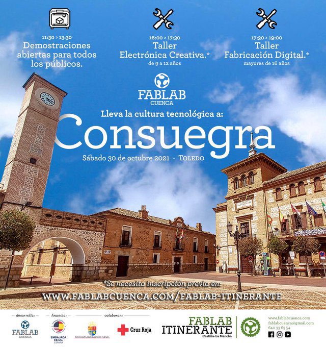 📢¡Mañana!La fabricación digital <a href="/FablabCuenca/">Fablab Cuenca</a>  estará en  Consuegra, Toledo. Un lugar mágico con sus increíbles molinos, castillo y centro histórico. Habrá demostraciones abiertas y luego talleres gratuitos.
➡️ Apúntate en: fablabcuenca.com <a href="/AytoConsuegra/">AytoConsuegra</a> <a href="/DipuCuenca/">Diputación de Cuenca</a>