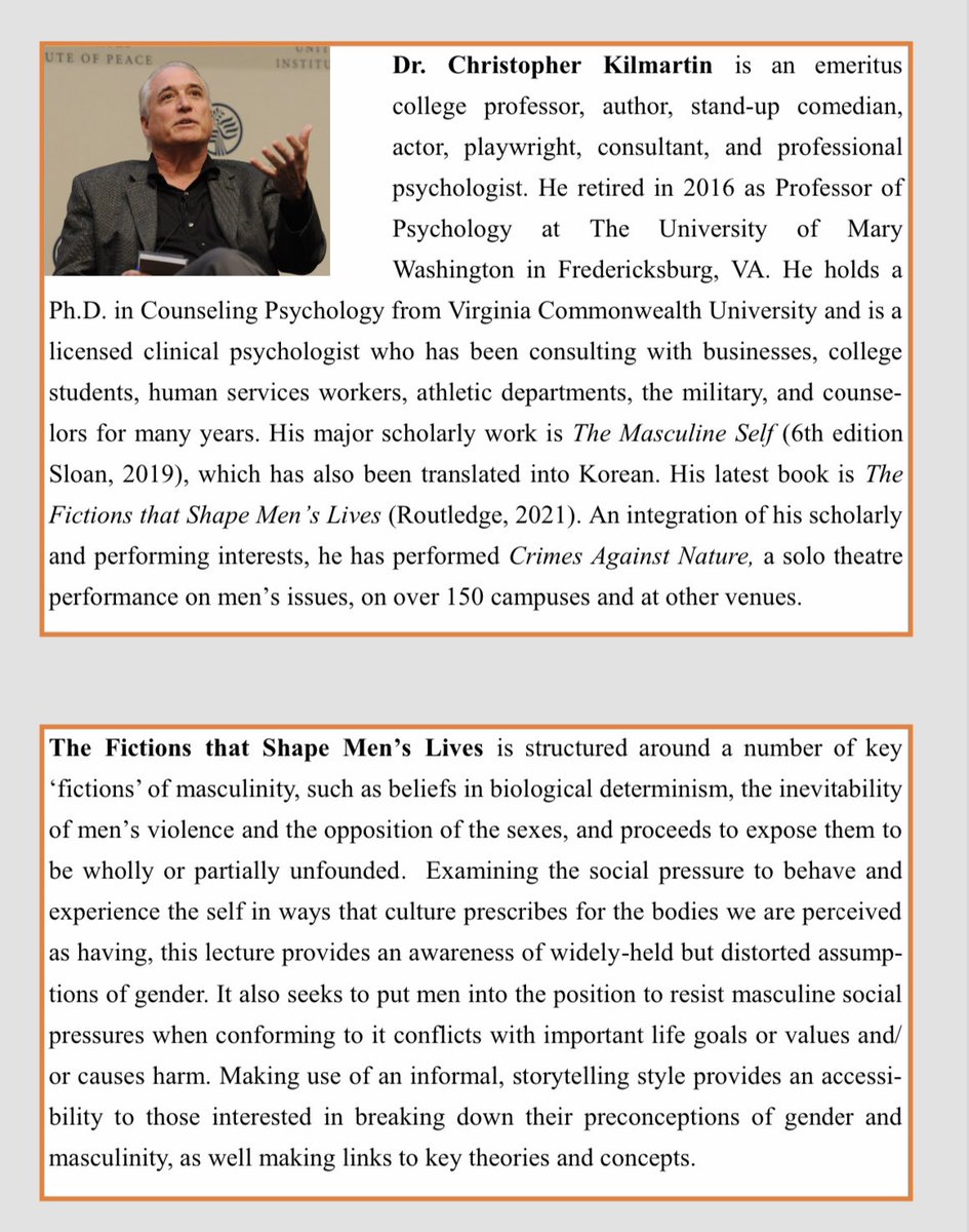 CIASGraz's tweet photo. “The Fictions That Shape Men’s Lives” 

Join us for this online guest talk by Dr. Christopher Kilmartin on November 16, at 17:00 (CEST). 

To register, please RSVP via email at stefan.rabitsch@uni-graz.at by Monday, November 15 (midnight) https://t.co/M0glFXTC00