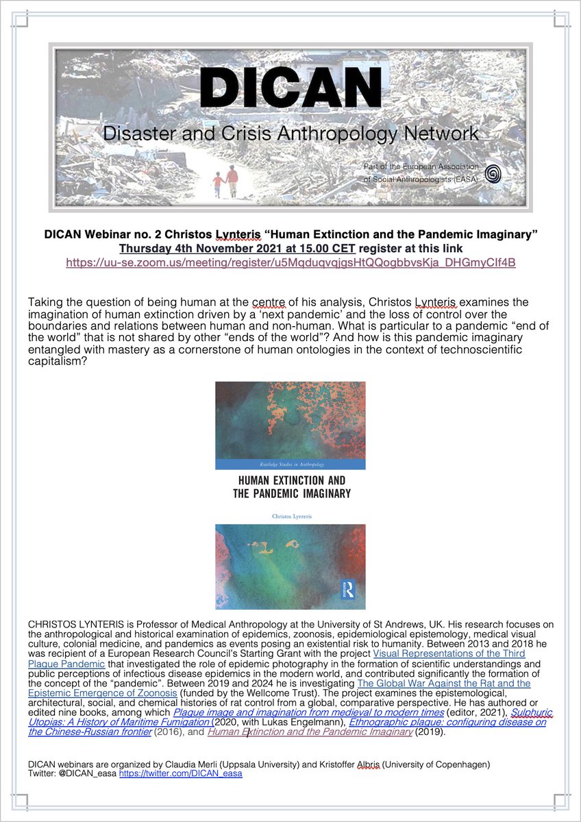 DICAN_easa's tweet photo. It is now time for our second #DICANwebinar with Christos Lynteris @visualplague presenting “Human Extinction and the Pandemic Imaginary” – Thursday 4th November 15.00-17.00 CET register at this link  https://t.co/El4Js3ylDo 
@EASAinfo @DICAN_easa #pandemics #COVID19 https://t.co/LS7ozL6AAn