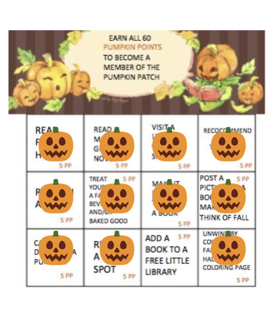 trickorreadath1's tweet photo. #trickorreadathon my progress! All I have to do is pay a visit to my local Free Little Library and then I will have all 60 Pumpkin Points! 🎃 https://t.co/xVccIp2m7m
