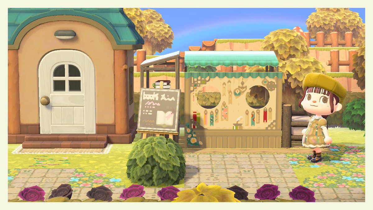 マカロン島のサブ子で描いた本のしおりのお店のデザイン投稿しました 顔出し看板 海外の本屋さんを参考にしています あと お花屋さんの看板としおり屋 さんの看板も投稿中です 好みの方がいたら使ってくださいませ あつ森 あつまれどうぶつの森 あみのお裁縫