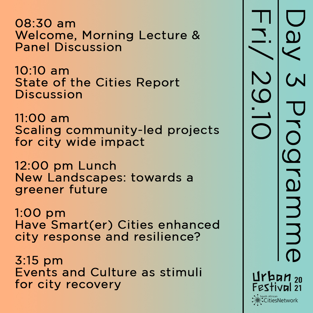 SACitiesNetwork's tweet photo. Join us live for the 3rd and final day of the #Urbanfest2021 conference
 
https://t.co/tC1hz1RfN3

#urbanfestival2021 #therebuiltcity #rebuildandrecover #southafrica 

All links in our bio

@SACitiesNetwork @NationalCoGTA @The_DHS @SALGA_Gov @CivicTechAfrica https://t.co/hINtODyCS8